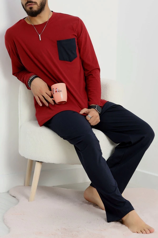 Cep Detay Süprem Erkek Pijama Takımı Bordo 3