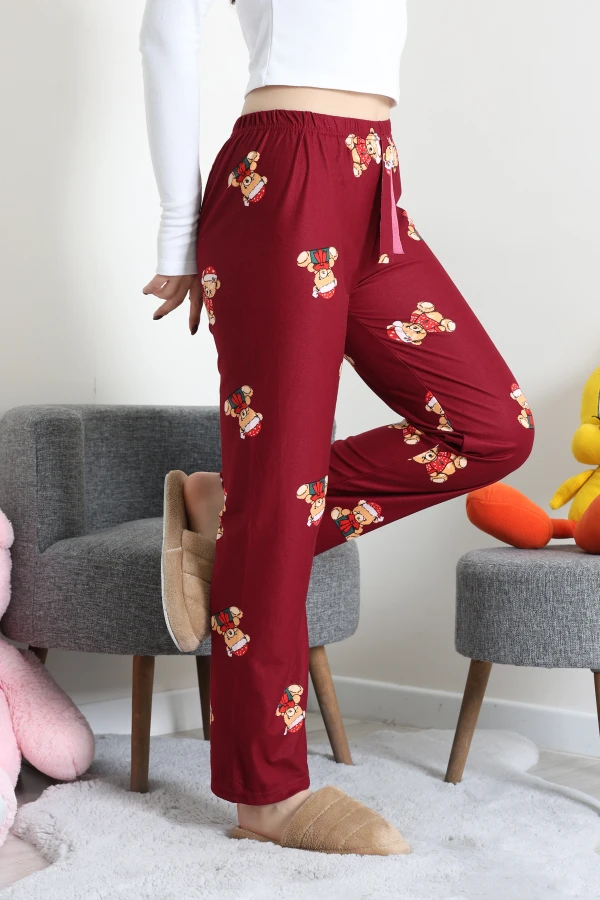 Desenli Süet Pijama Altı Bordoayı 5