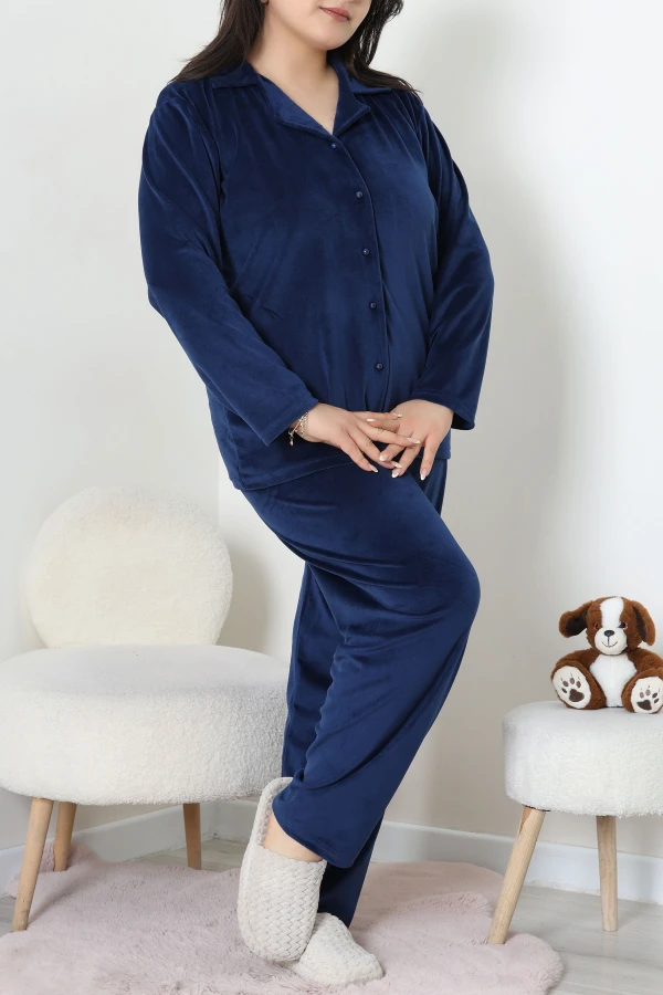 Fransız Kadife Büyük Beden Düğmeli Pijama Takımı Lacivert 6