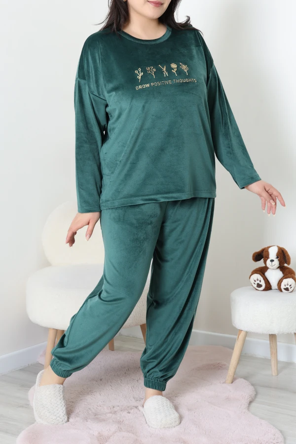 Fransız Kadife Büyük Beden Pijama Takımı Zümrüt 2