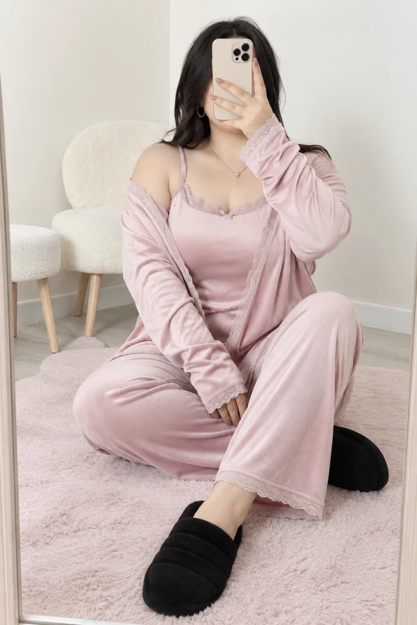 Fransız Kadife Büyük Beden 3'Lü Pijama Seti Pudra