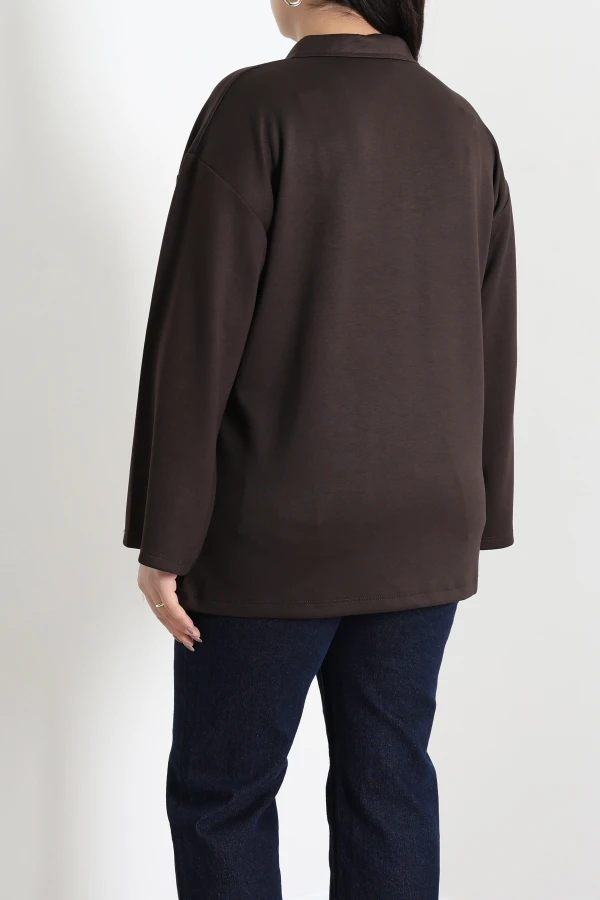 Çıtçıtlı Polo Yaka Büyük Beden Modal Bluz Acıkahve 6