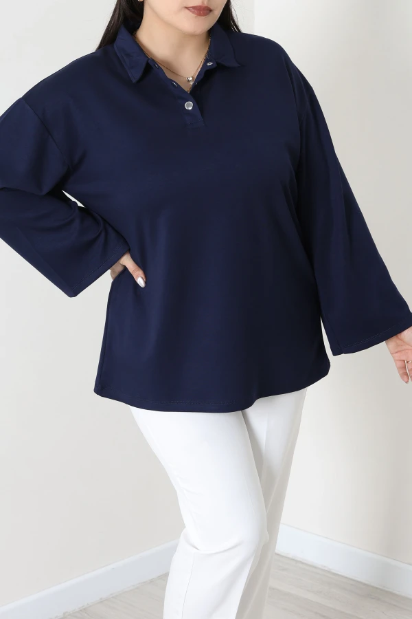 Çıtçıtlı Polo Yaka Büyük Beden Modal Bluz Lacivert 3