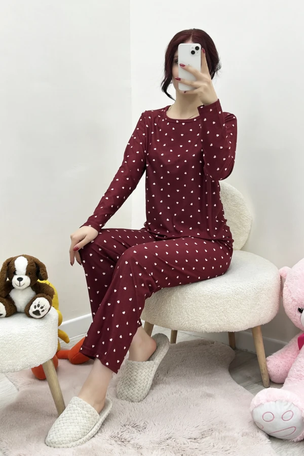 Süet Alt Üst Aynı Pijama Takımı Bordo 2