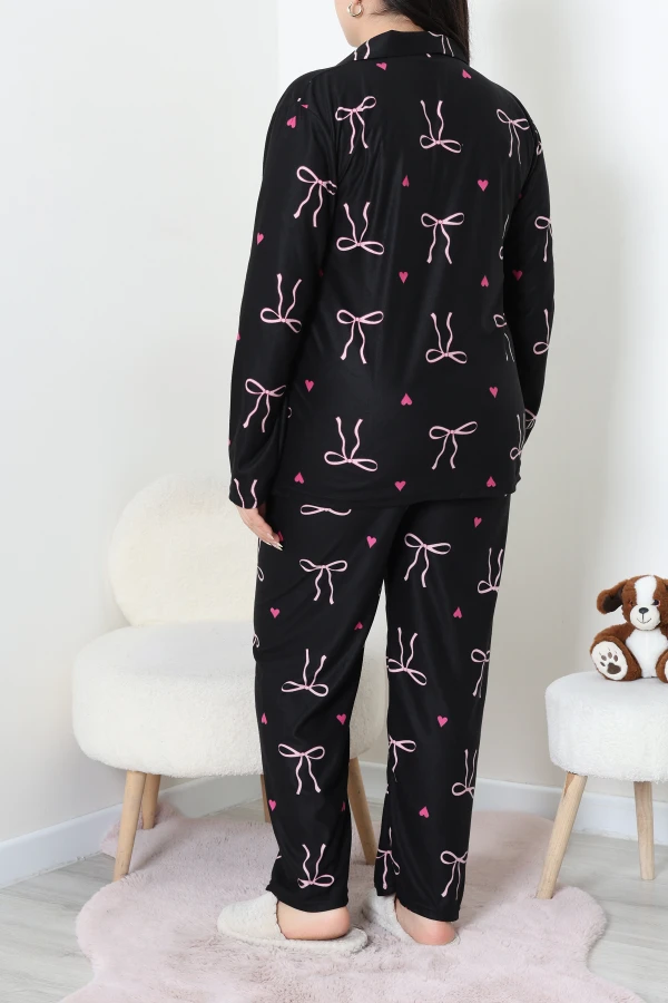 Büyük Beden Süet Düğmeli Pijama Takımı Siyahkurdele 6