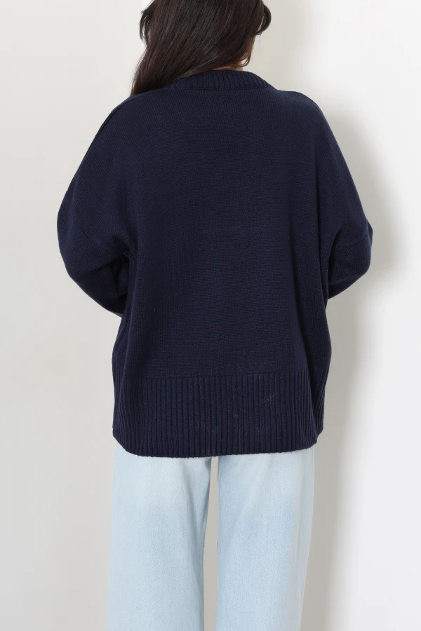 Düşük Kol Oversize Triko Kazak Lacivert 7