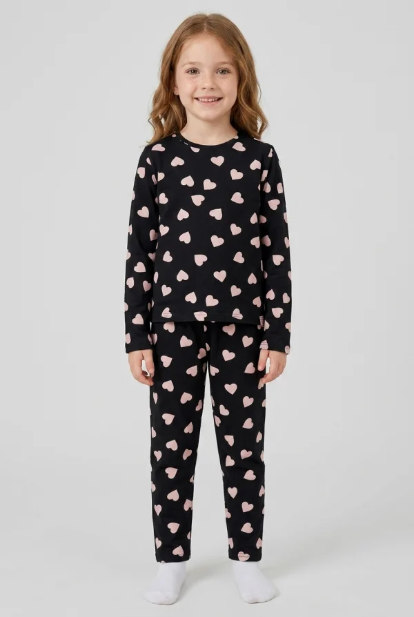 5-12 Yaş Süet Alt Üst Aynı Pijama Takımı Siyahkalpli