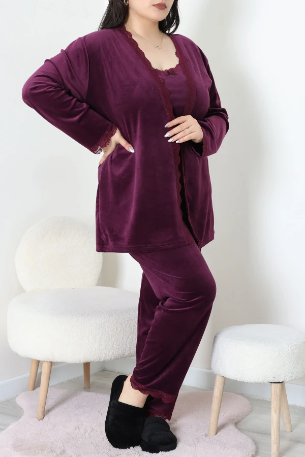 Fransız Kadife Büyük Beden 3'Lü Pijama Seti Mor 5
