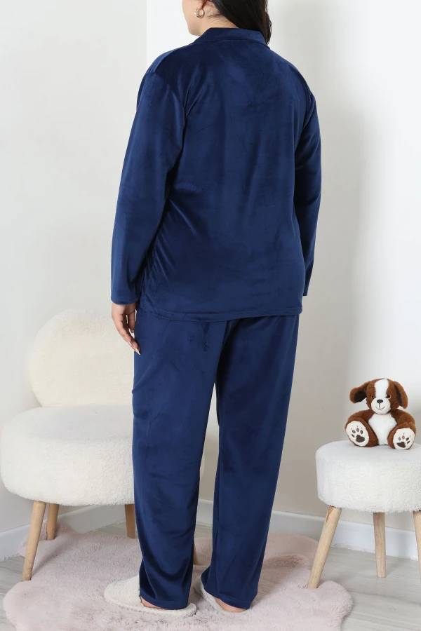 Fransız Kadife Büyük Beden Düğmeli Pijama Takımı Lacivert 7