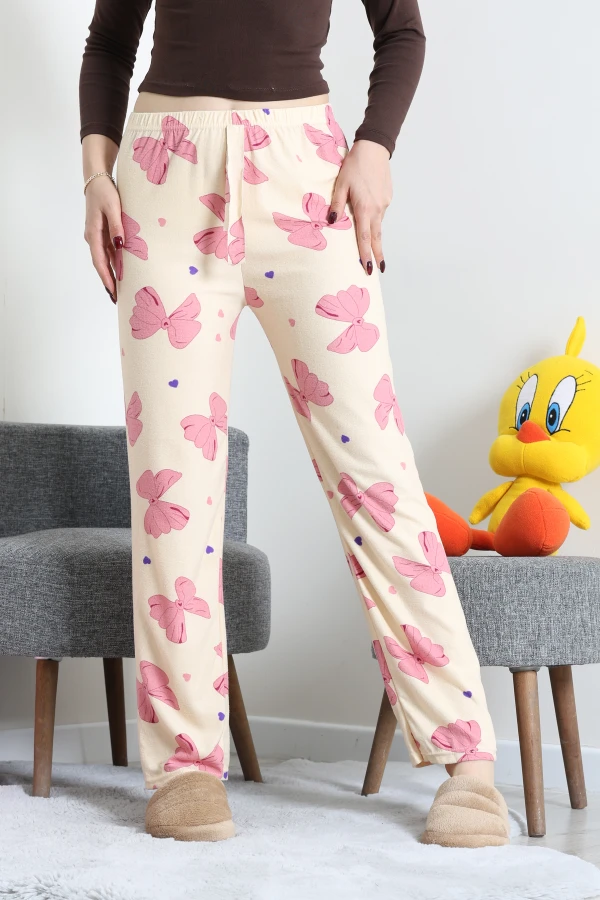 Desenli Süet Pijama Altı Bej 3