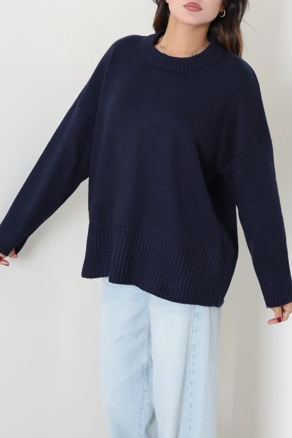 Düşük Kol Oversize Triko Kazak Lacivert 5
