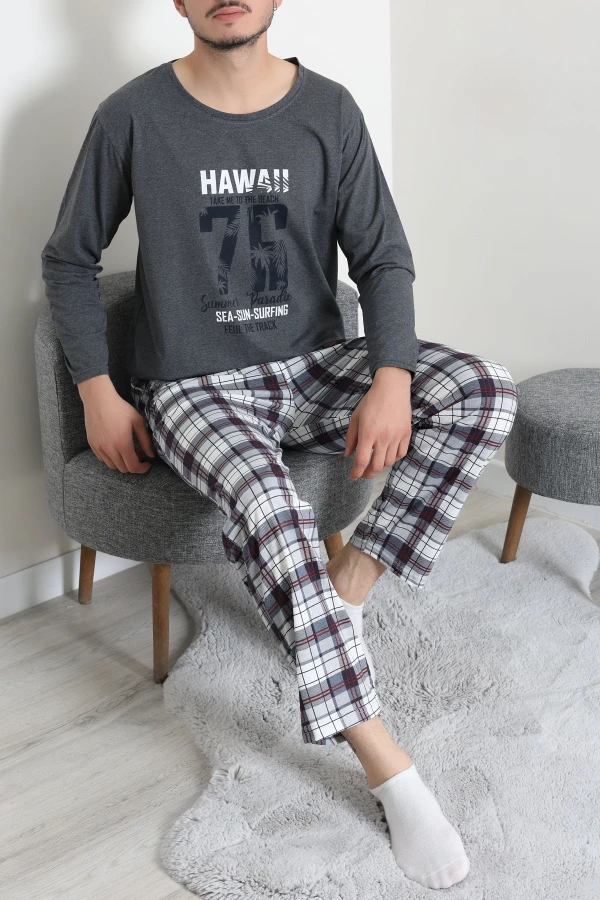Baskılı Erkek Pijama Takımı Füme