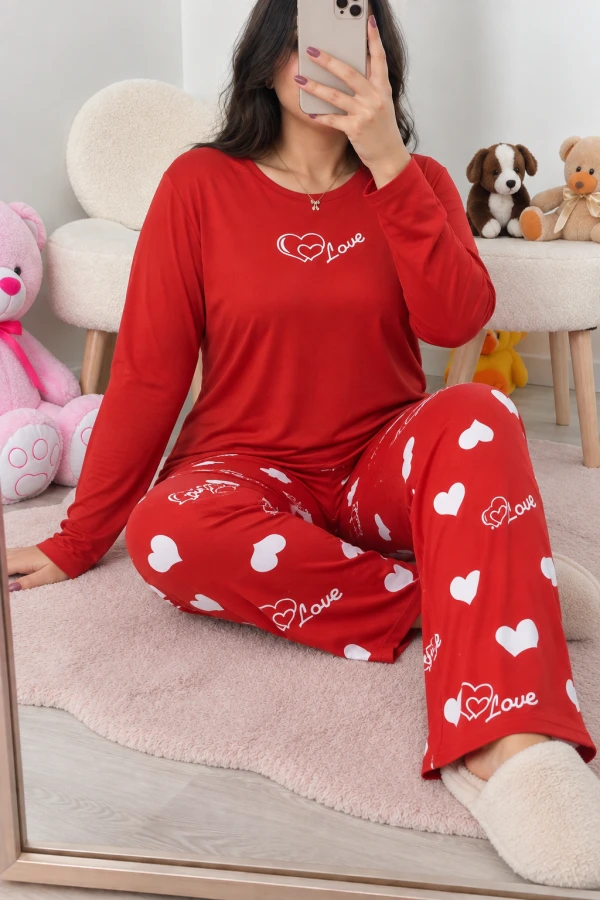 Milan Büyük Beden Baskılı Pijama Takımı Kırmızı