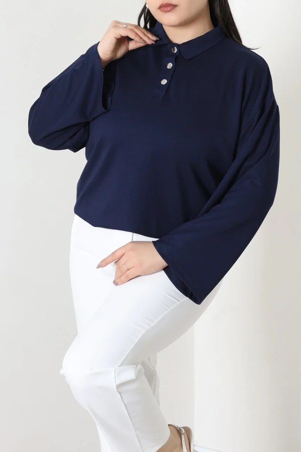 Çıtçıtlı Polo Yaka Büyük Beden Modal Bluz Lacivert 5