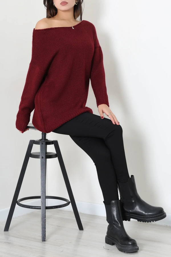 Düşük Kol Oversize Triko Kazak Bordo 4
