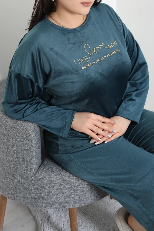 Fransız Kadife Büyük Beden Pijama Takımı Petrol 3