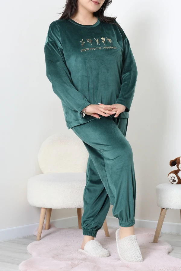 Fransız Kadife Büyük Beden Pijama Takımı Zümrüt 4