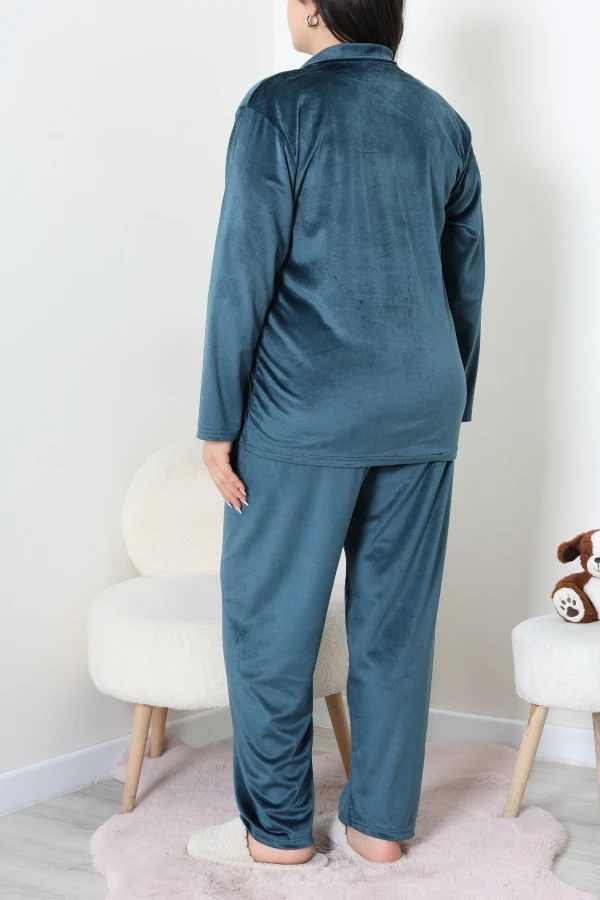 Fransız Kadife Büyük Beden Düğmeli Pijama Takımı Petrol 7