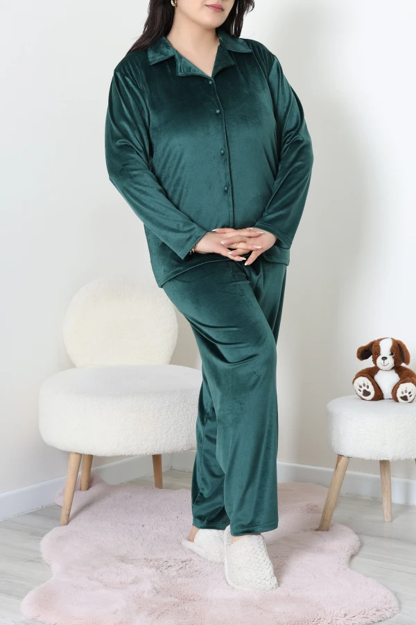 Fransız Kadife Büyük Beden Düğmeli Pijama Takımı Zümrüt 5