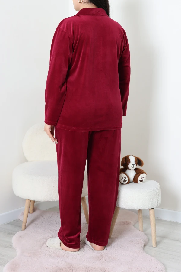 Fransız Kadife Büyük Beden Düğmeli Pijama Takımı Bordo 6