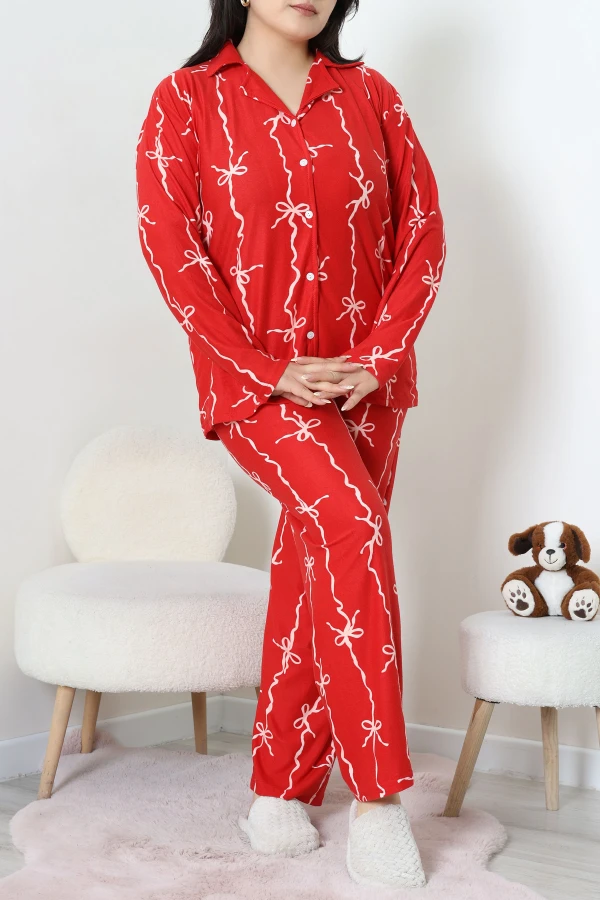 Süet Büyük Beden Düğmeli Pijama Takımı Kırmızı 5