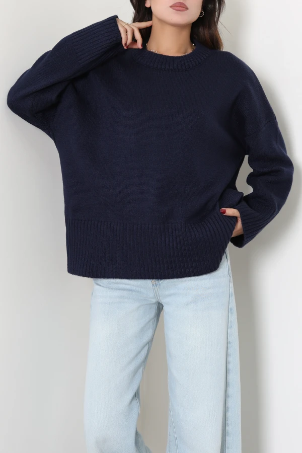 Düşük Kol Oversize Triko Kazak Lacivert 3