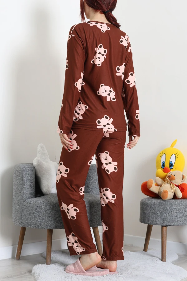 Süet Alt Üst Aynı Pijama Takımı Kahve 8