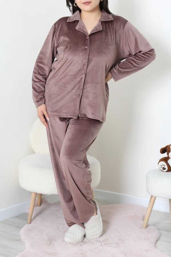 Fransız Kadife Büyük Beden Düğmeli Pijama Takımı Kahve 2