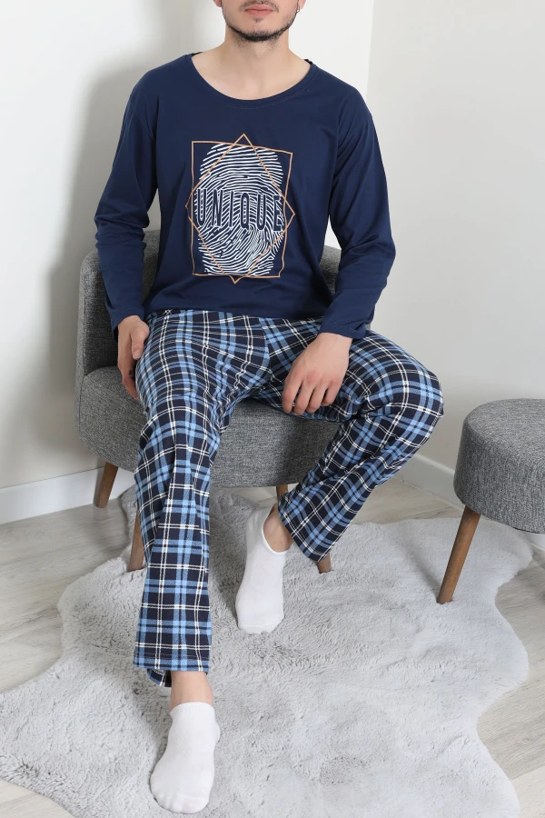 Süprem Ekoseli Uzun Kollu Erkek Pijama Takımı Lacimavi 5
