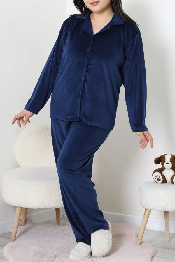 Fransız Kadife Büyük Beden Düğmeli Pijama Takımı Lacivert 3