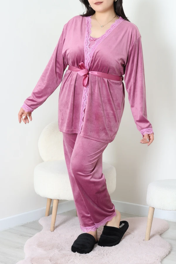 Fransız Kadife Büyük Beden 3'Lü Pijama Seti Gülkurusu 7