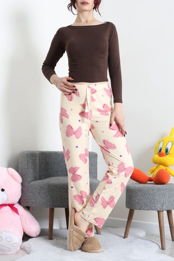 Desenli Süet Pijama Altı Bej 4
