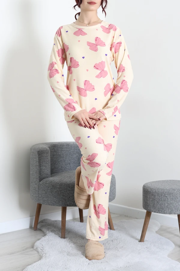 Süet Alt Üst Aynı Pijama Takımı Bej 6