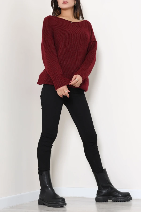 Düşük Kol Oversize Triko Kazak Bordo 6