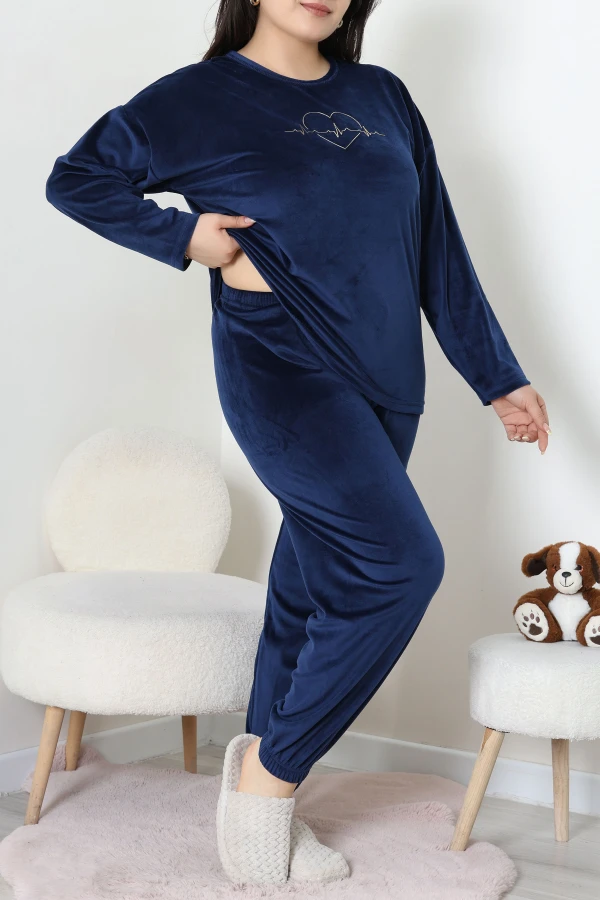 Fransız Kadife Büyük Beden Pijama Takımı Lacivert 2