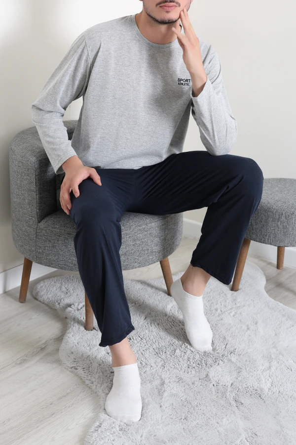 Süprem Nakışlı Erkek Pijama Takımı Gri 4