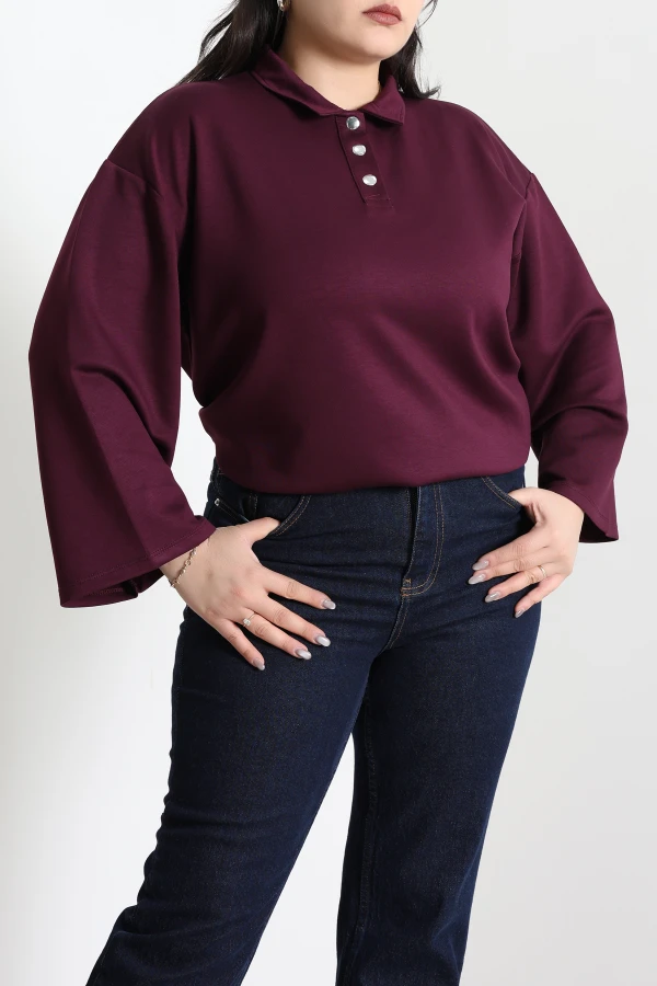 Çıtçıtlı Polo Yaka Büyük Beden Modal Bluz Mürdüm