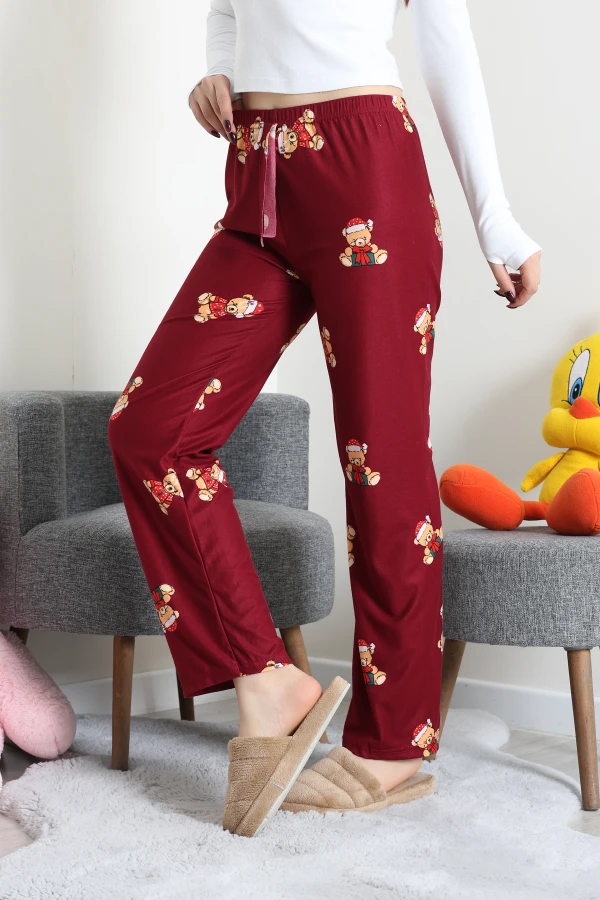 Desenli Süet Pijama Altı Bordoayı