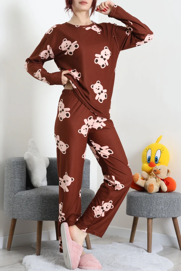 Süet Alt Üst Aynı Pijama Takımı Kahve 4