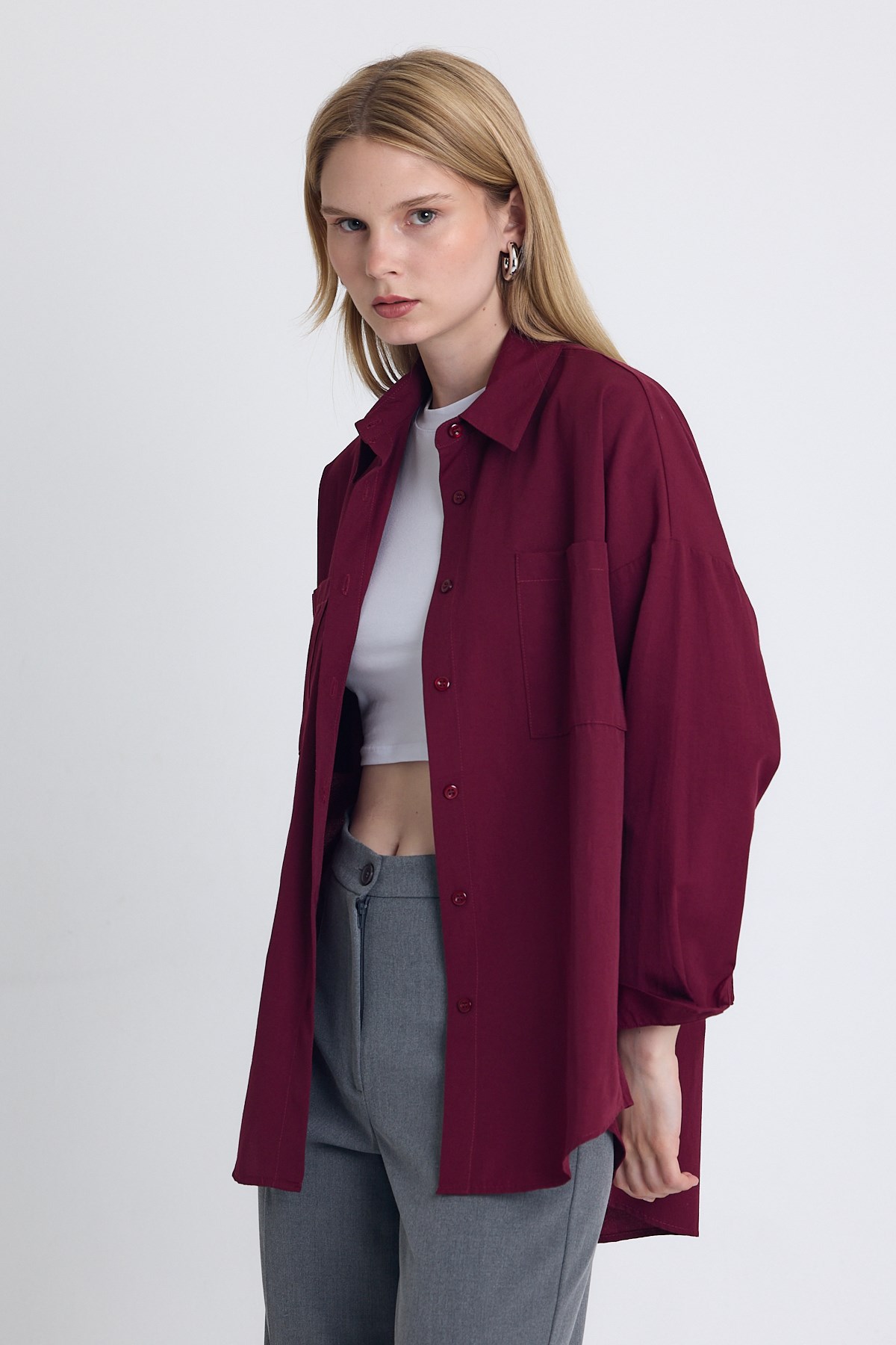 Bordo Çift Cepli Oversize Uzun Basic Gömlek TCR 6256A 3