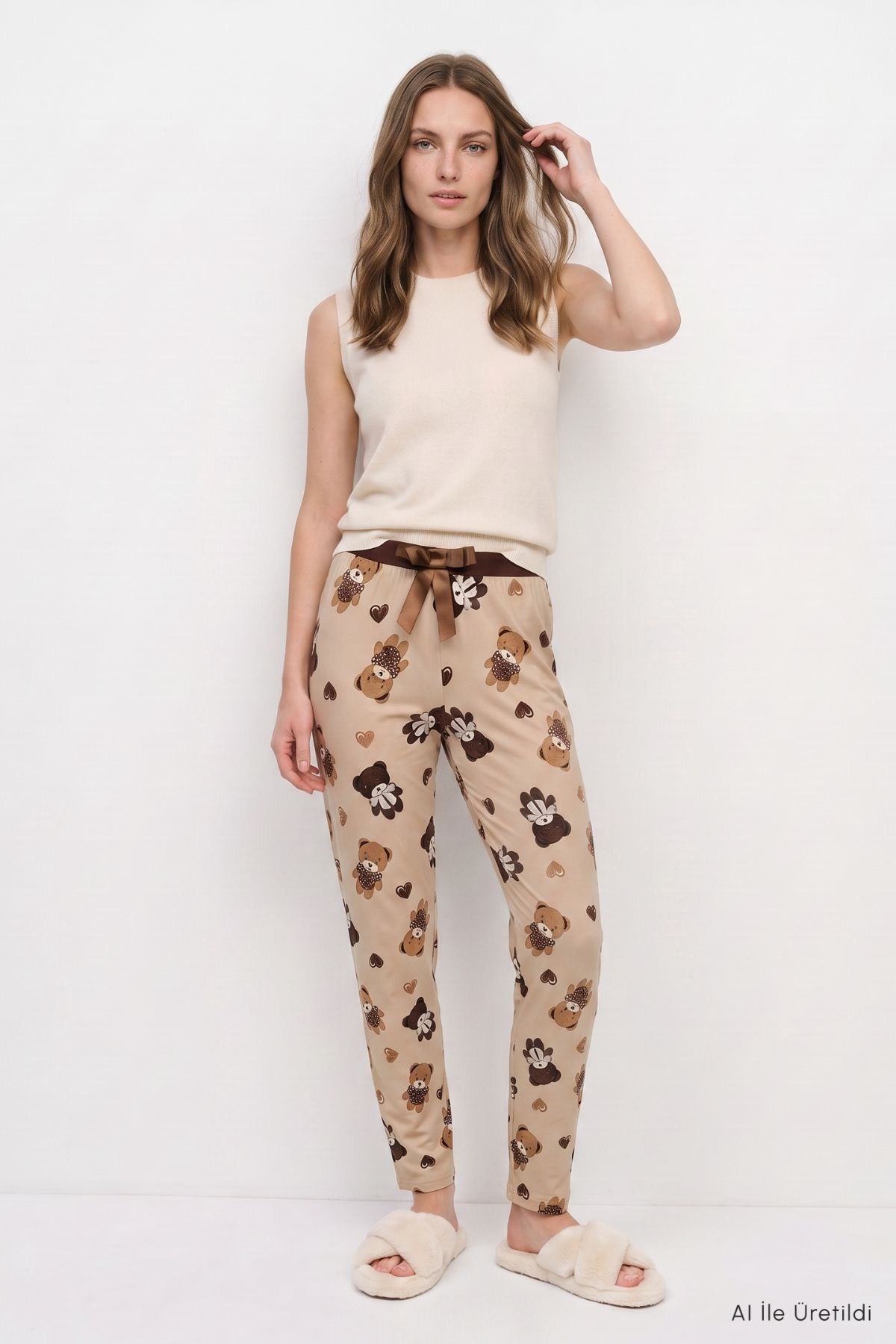 Ayıcık Desen Pijama 4535-1 Koyu Bej 3