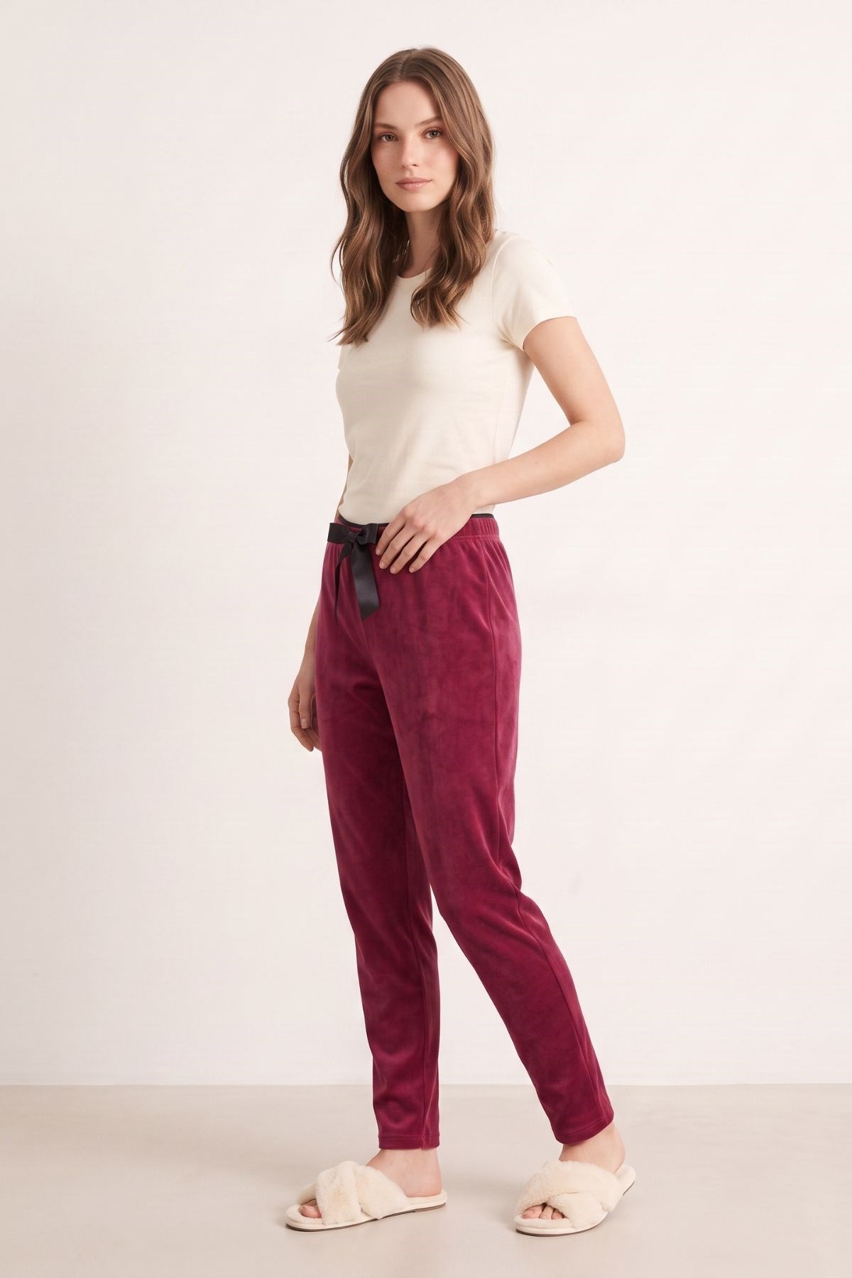 Bel Lastikli Kadife Pijama 0601 Mürdüm