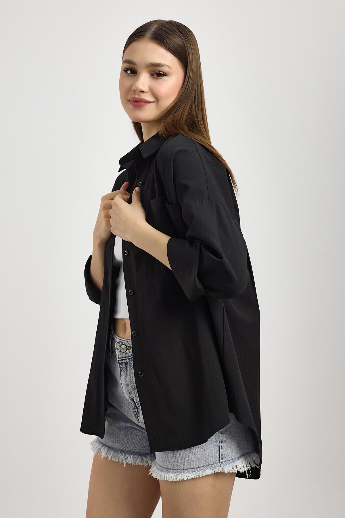 Siyah Çift Cepli Oversize Uzun Basic Gömlek TCR 6256A 6
