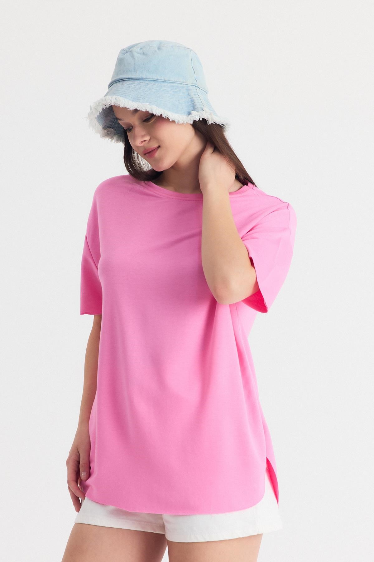 Pembe Yumuşak Dokulu Esnek Premium Kumaş Lazer Kesim Oversize Tişört 1868 6