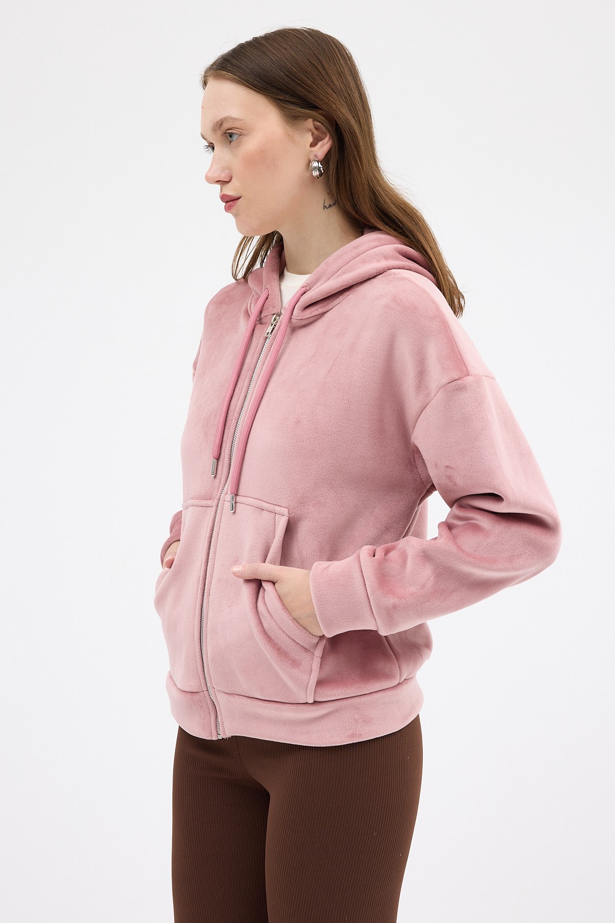 Pembe Kadın Fermuarlı Kapüşonlu Sweatshirt 3059A 6