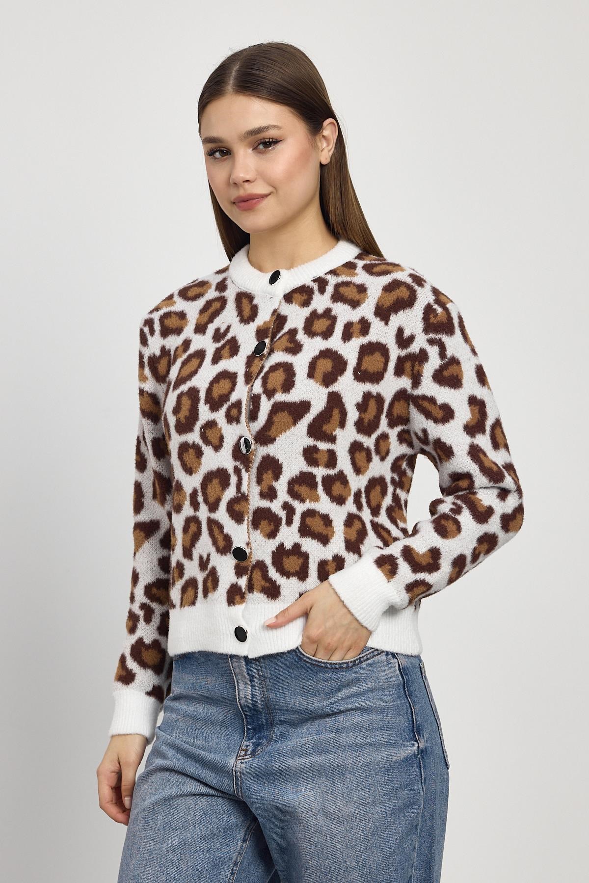 Leopar Detay Triko Hırka 24367 Ekru 2
