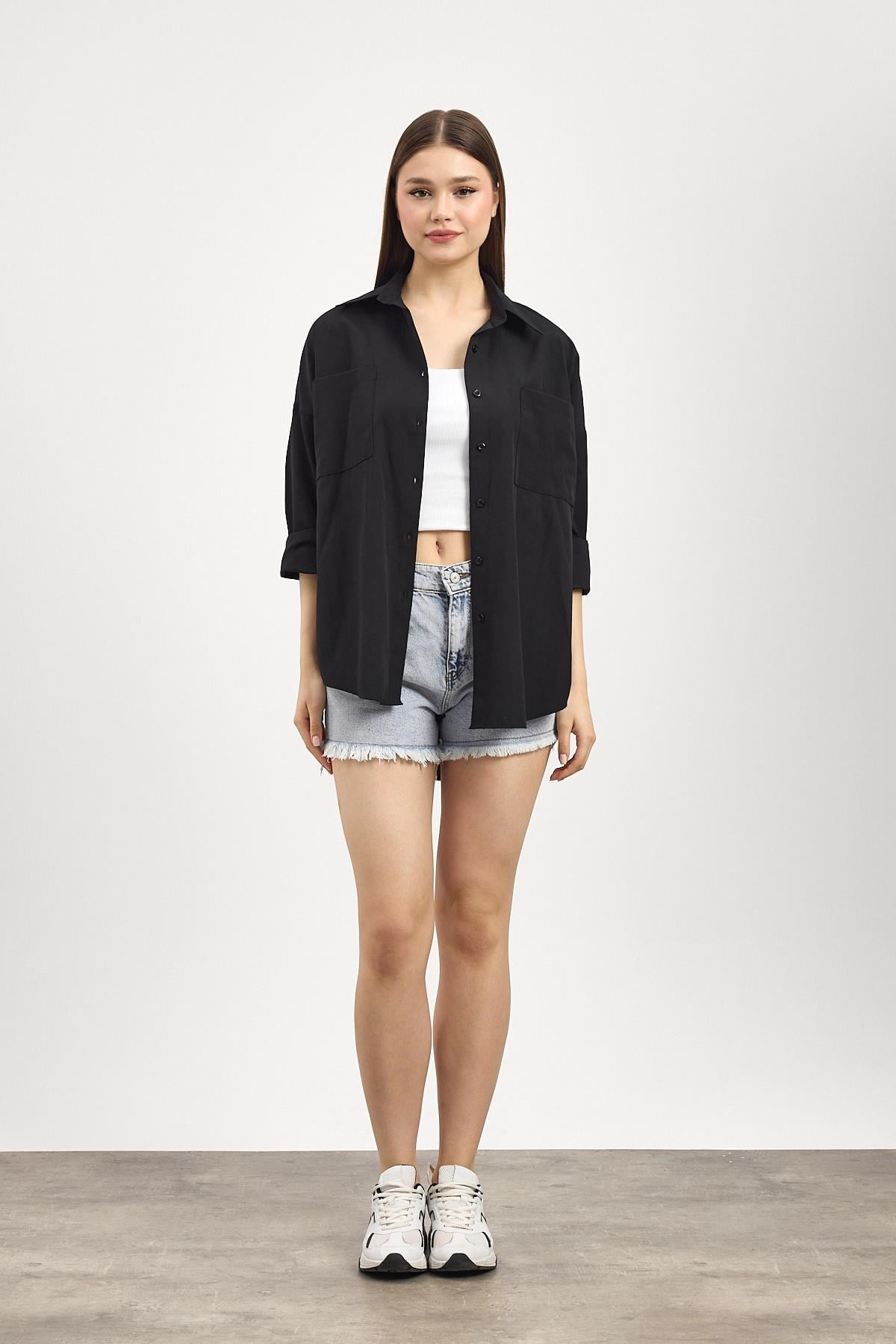 Siyah Çift Cepli Oversize Uzun Basic Gömlek TCR 6256A 8