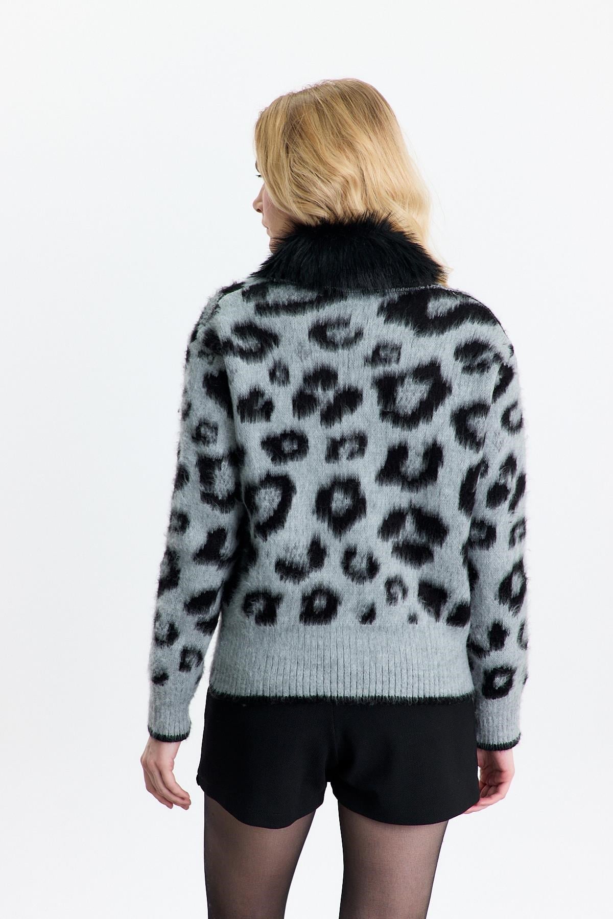 Kürklü Leopar Hırka 22289 Gri 5