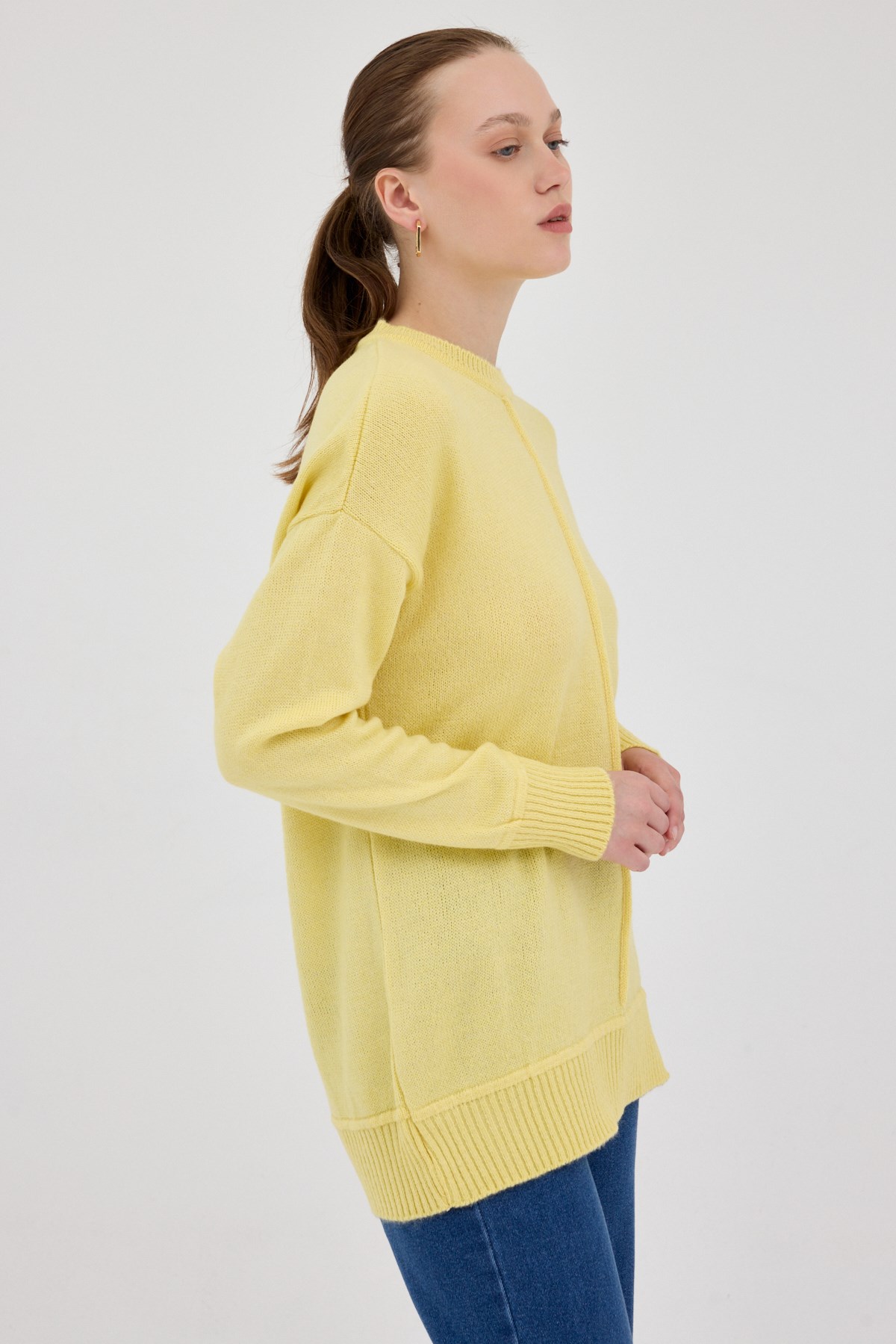 Sarı Oversize Bisiklet Yaka Kadın Kazak 2345 2