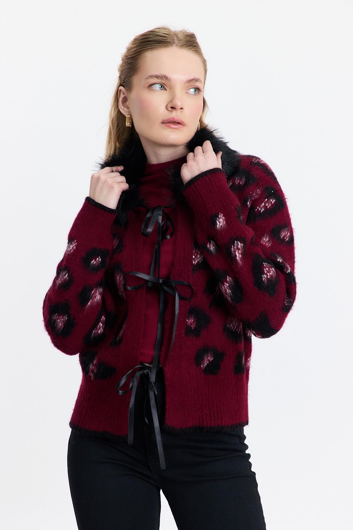 Kürklü Leopar Hırka 22289 Bordo 3